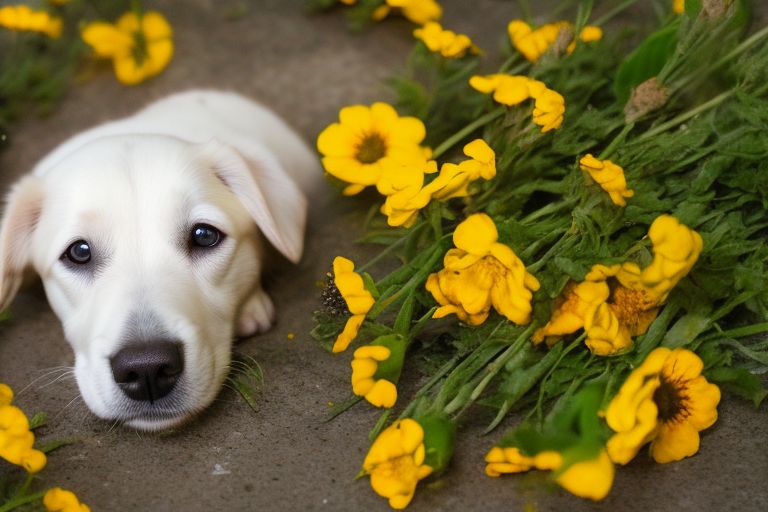 A cute white puppy laying on its side looking up at the camera with bright eyes surrounded by yellow flowers in bloom