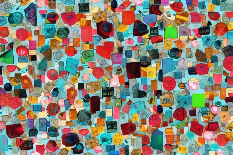 A digital image of a colorful collection of various NFTs arranged together into a collage-like design against a white background