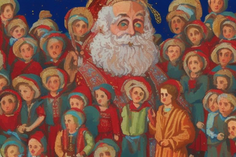 A festive illustration of St Nicholas holding a bag full of presents surrounded by children wearing traditional Serbian clothing.