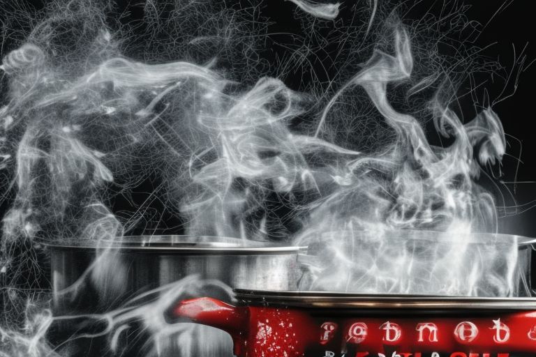 A gas stove with a pot boiling over with steam coming out of it against a black background with red text saying "Bat Soup Sparks Global Pandemic"
