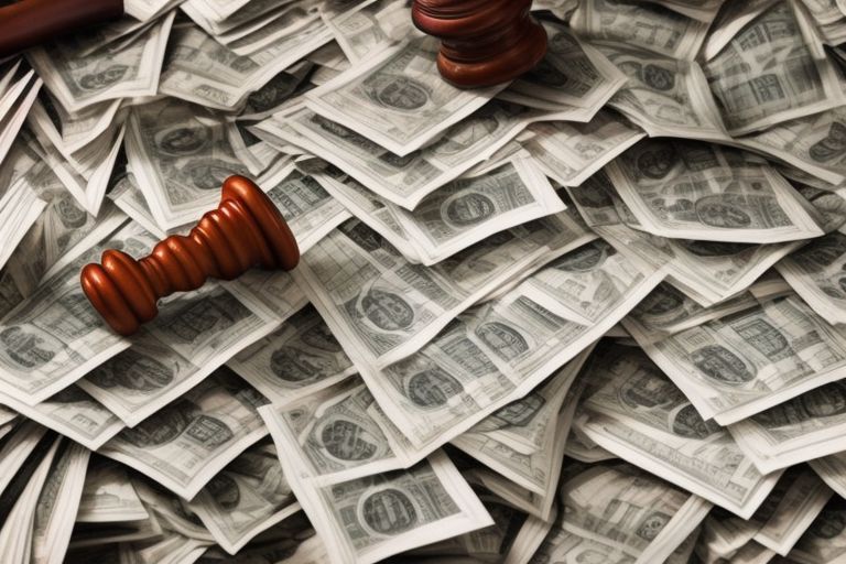 A gavel with a question mark hovering above it on top of a pile of money and documents representing legal proceedings.