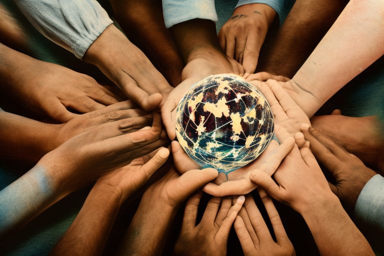 A globe surrounded by hands clasped together in unity with rays of light emanating from them symbolizing hope for peace worldwide