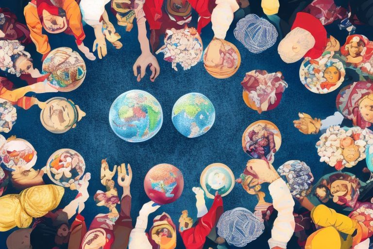 A globe surrounded by people representing different cultures coming together
