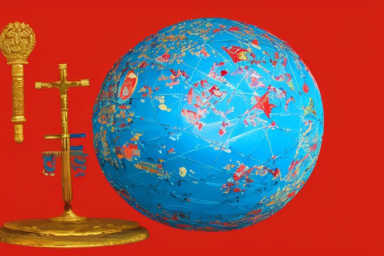 A globe surrounded by symbols representing China (red flag) and Russia (blue flag).