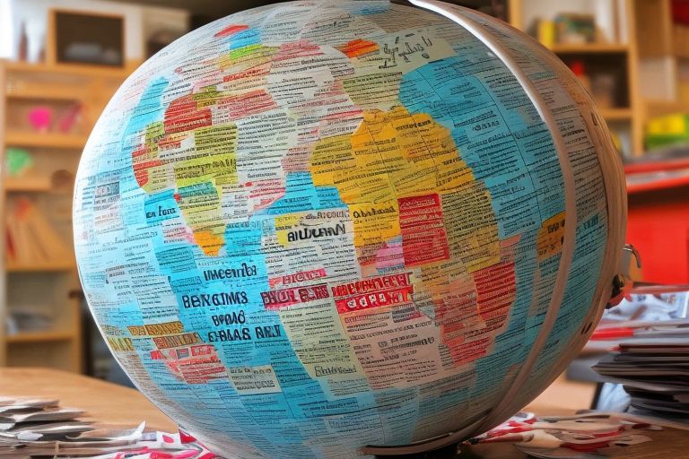 A globe with headlines from around the world written on it in various languages