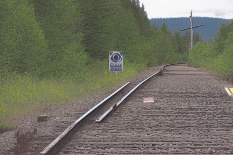 A grizzly bear standing next to railroad tracks with a caution sign nearby