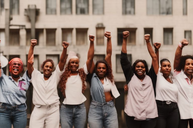 A group of diverse women standing together with their fists raised in solidarity