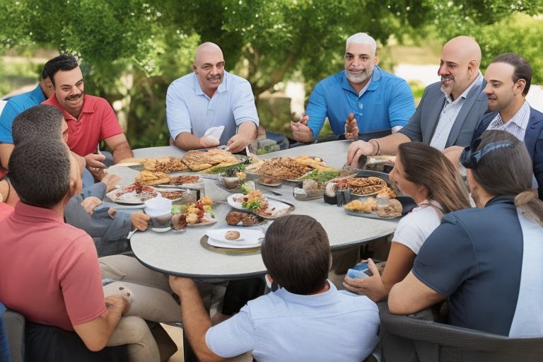 A group of people gathered around a table at an outdoor picnic setting enjoying food while representatives from an air duct cleaning company stand nearby talking with them about services offered by the company