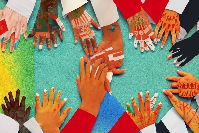 A group of people holding hands around the world with various flags behind them symbolizing unity across nations despite differences in race or creed..