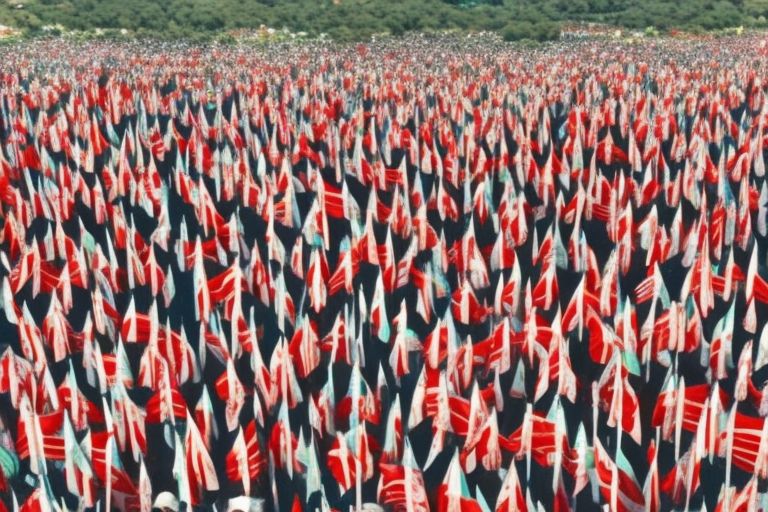 A group of people holding hands in solidarity against a backdrop of flags from around the world