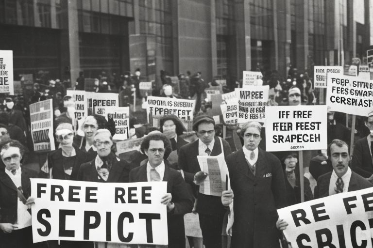 A group of people holding signs protesting against censorship outside of corporate headquarters with words like "Free Speech" written across them