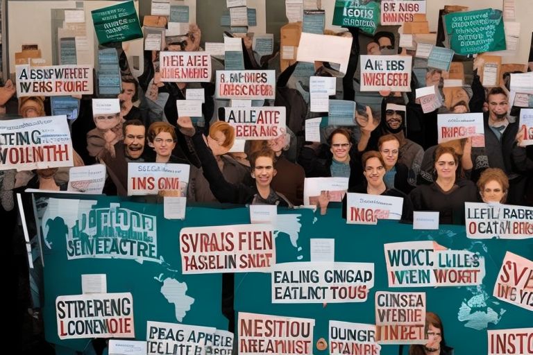 A group of people holding signs protesting against ISP censorship while standing in front of a computer screen showing a map of the world wide web