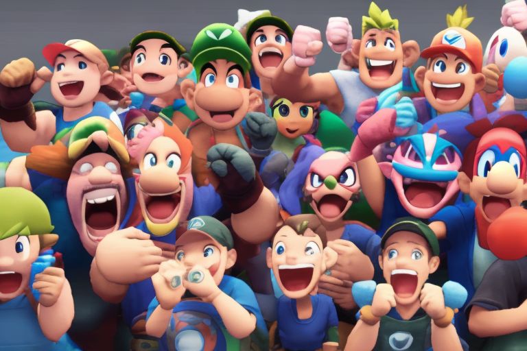 A group of people playing Super Smash Bros., smiling at each other with joyous expressions on their faces