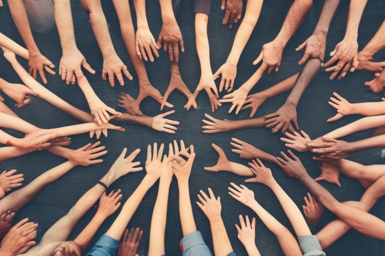 A group of people standing together holding hands representing unity within democracy