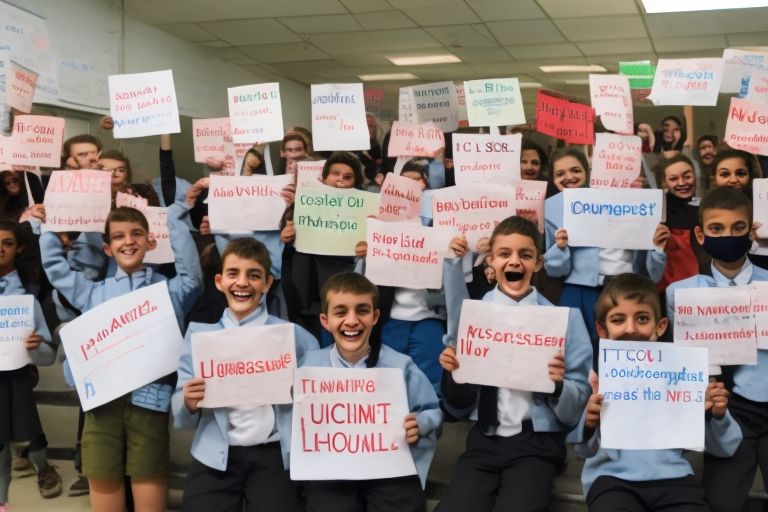 A group of smiling students holding up signs with messages of support for the student council's successful proposal approval.