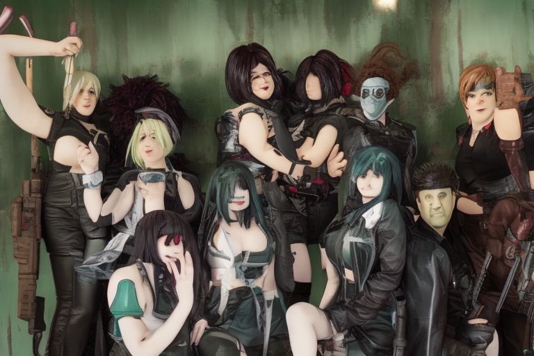 A group photo featuring all five cosplayers dressed up in their Black Lagoon costumes.