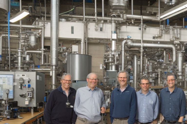 A group photo featuring Capatan's founders (Carl June, Bruce Levine, Drew Weissman and Jon Epstein) standing together in front of a large laboratory setting with various scientific equipment visible behind them.