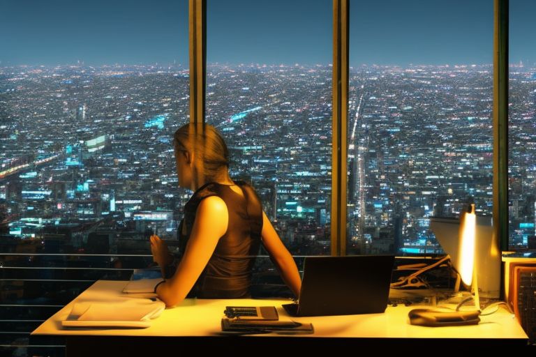 A journalist typing away at her laptop while looking out over a skyline filled with skyscrapers illuminated by neon lights at night