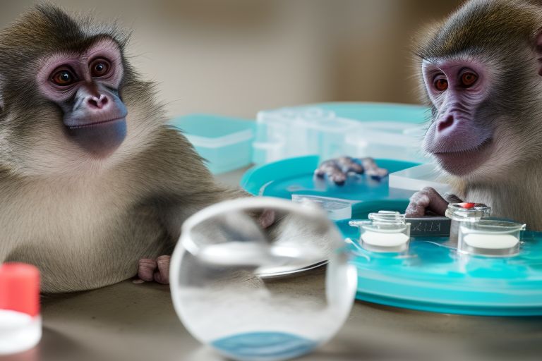 A laboratory setting with two petri dishes containing both monkey and human cells side by side with a microscope between them.