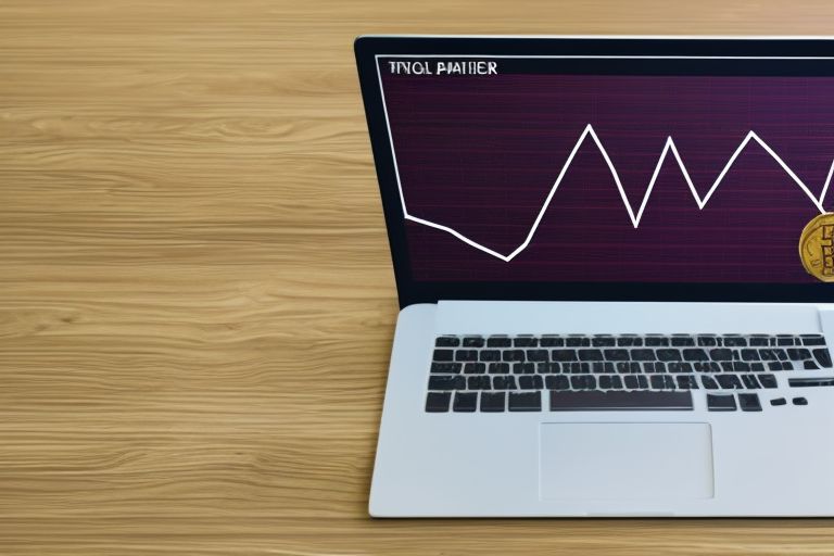 A laptop computer displaying a graph with rising lines representing different types of cryptocurrency investments such as Bitcoin (BTC), Ethereum (ETH), Stablecoins (SC) etc..