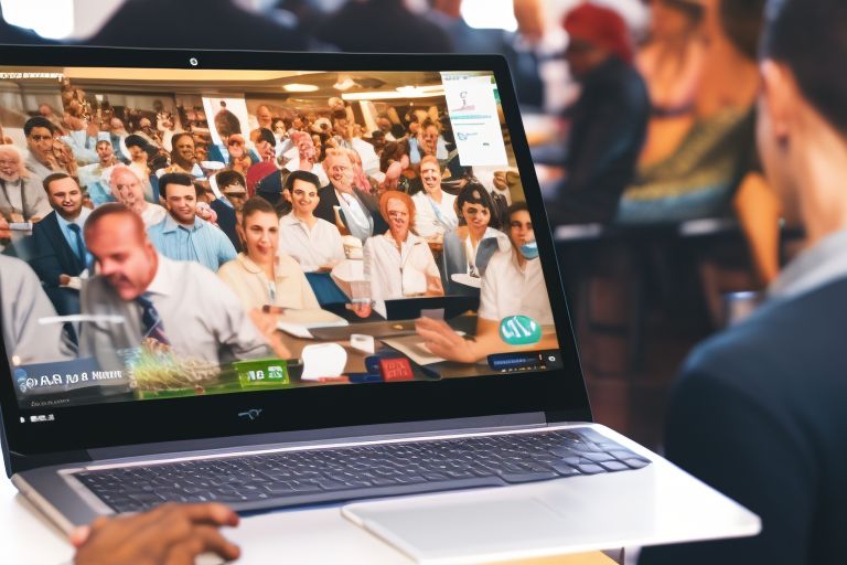 A laptop computer displaying a photo of people interacting at a conference or event hosted by GPT Times
