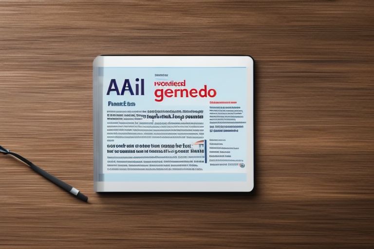 A laptop computer displaying an AI generated article with a headline reading "AI Powered Article Generation"