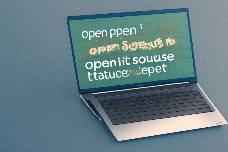 A laptop with a blue background featuring text reading "Open Source Or It Didn't Happen"