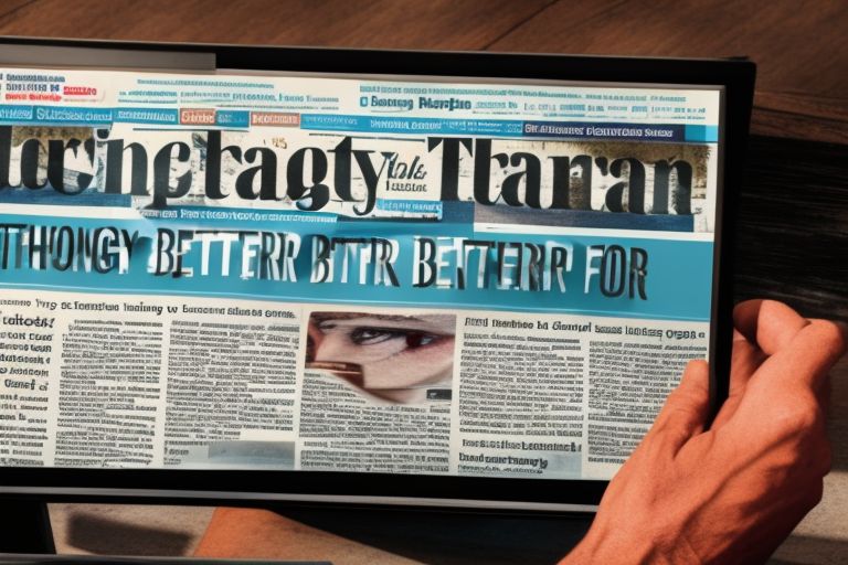 A laptop with a newspaper headline typed out on its screen reading "Technology Transforms Journalism For The Better"