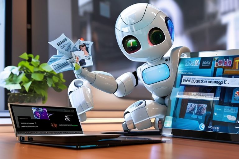 A laptop with a Twitter logo displayed on its screen next to an AI robot holding a newspaper