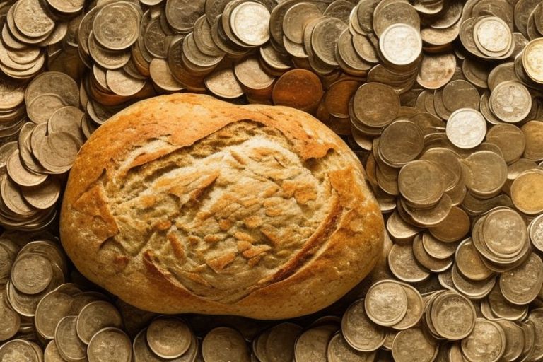 A loaf of freshly baked bread surrounded by coins representing savings due to lowered price points