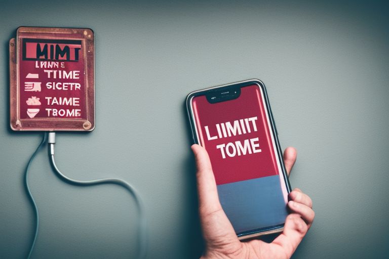 A man holding his smartphone with a warning sign reading "Limit Screen Time" next him