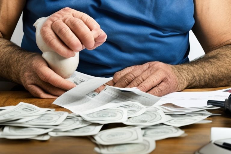 A man looks at his watch anxiously while counting out bills into a piggy bank labeled "Retirement Savings".
