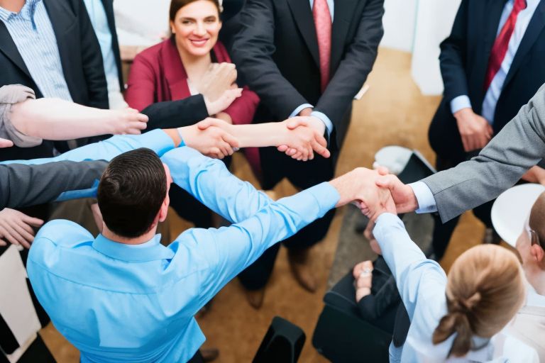 A man standing at a networking event surrounded by other professionals shaking hands with each other