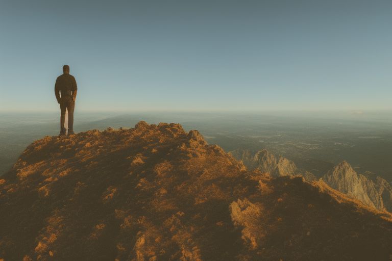 A man standing atop a mountain peak looking out into the horizon with determination in his eyes as if nothing will stand in his way from reaching his goals