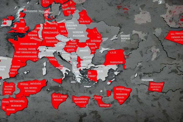 A map of Europe with flags representing different countries highlighted in red indicating unrest or change taking place within them