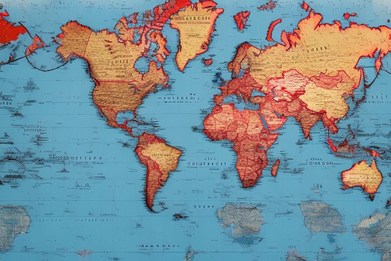 A map of various countries highlighted in red showing different stops along a virtual tour route