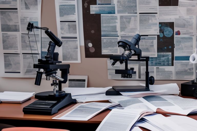 A microscope surrounded by scientific papers