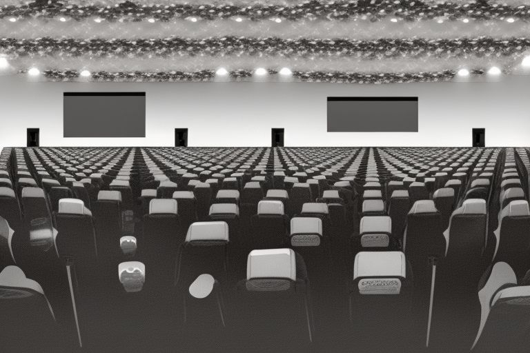 A movie theater filled with empty seats except for one person watching a movie projected onto a screen at the front of the theater