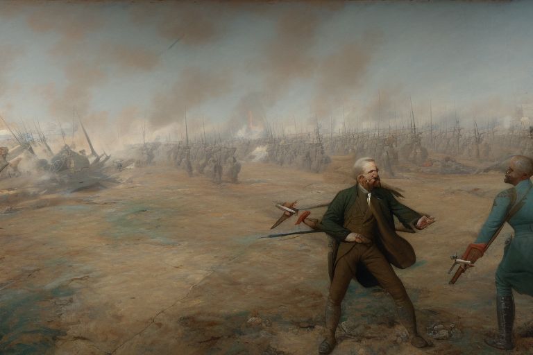 A painting depicting two leaders facing off against each other on a battlefield with missiles in the background.