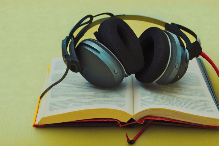 A pair of headphones resting atop an open book against a bright yellow background