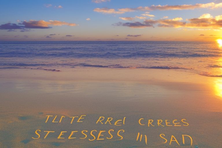 A person doing yoga on the beach at sunset with the words “Live Stress Free” written in the sand beside them.