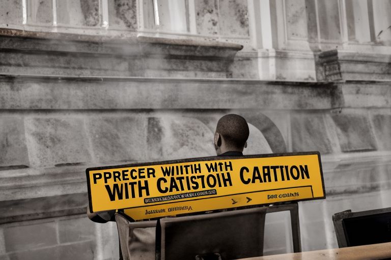 A person holding a keyboard with a warning sign over it reading "Proceed With Caution".