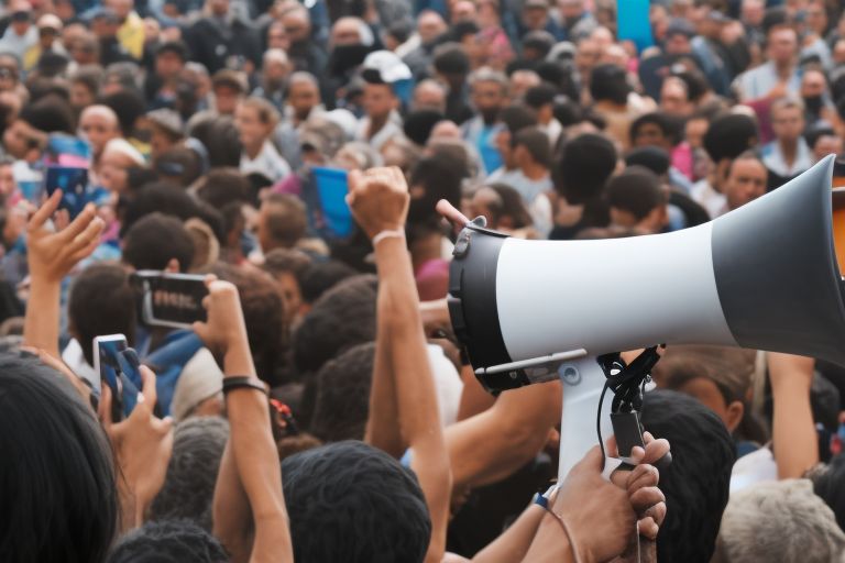 A person holding up a megaphone while standing in front of a crowd of people