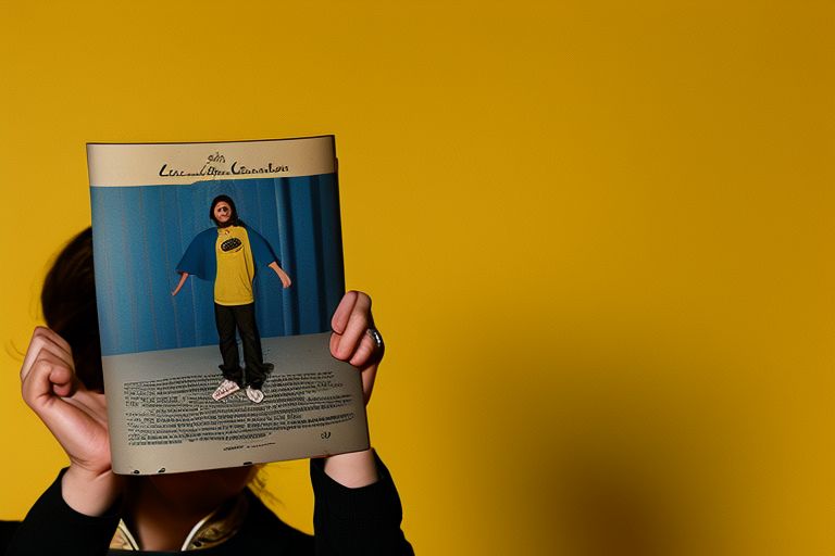 A person holding up an image of a storybook against a bright yellow background