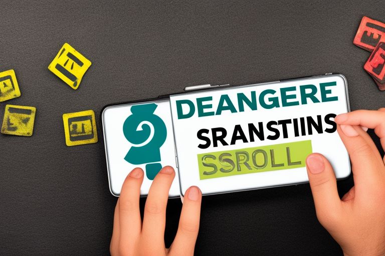 A person holding up their smartphone with a warning sign in front of it that reads “Danger! Excessive Scrolling Can Lead To Health Issues!”