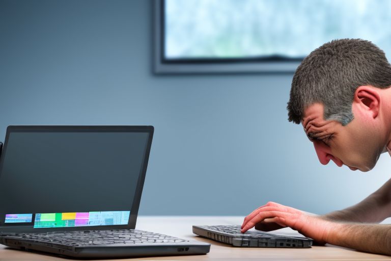 A person looking at a laptop screen filled with code while holding their head in frustration