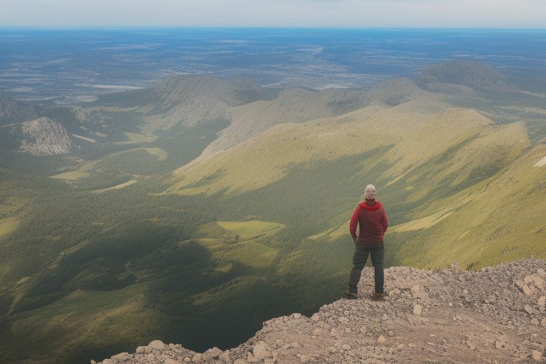 A person looking off into the distance while standing atop a mountain peak overlooking an expansive landscape below them