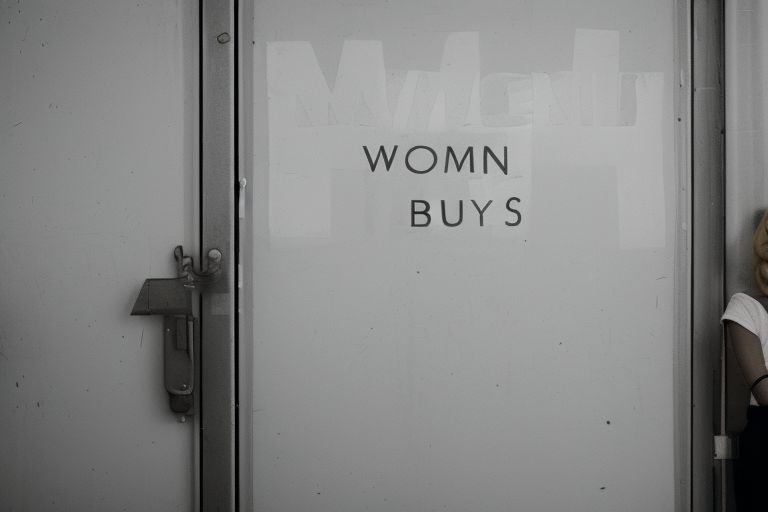 A person looking thoughtful while standing in front of a door with a sign that reads "Women Only"