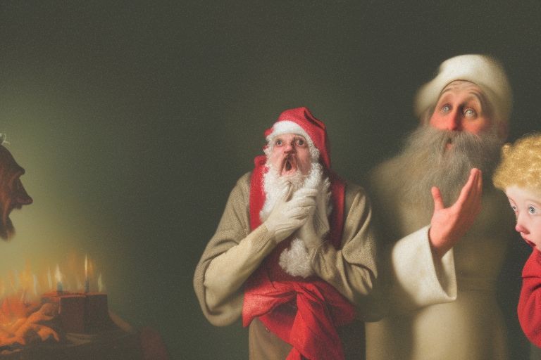 A person looking up at two figures representing God and Santa Claus with a confused expression on their face