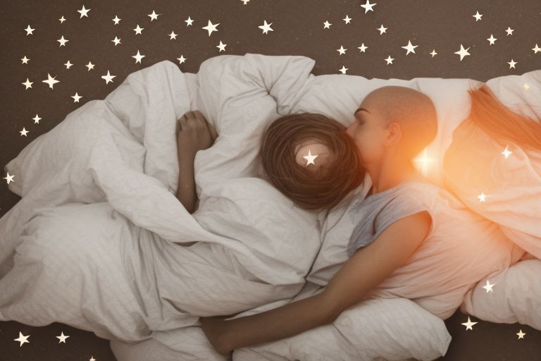 A person lying in their bed with stars above them representing quality sleep